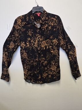 GUESS Black Button-Down Shirt with Gold Scroll Pattern